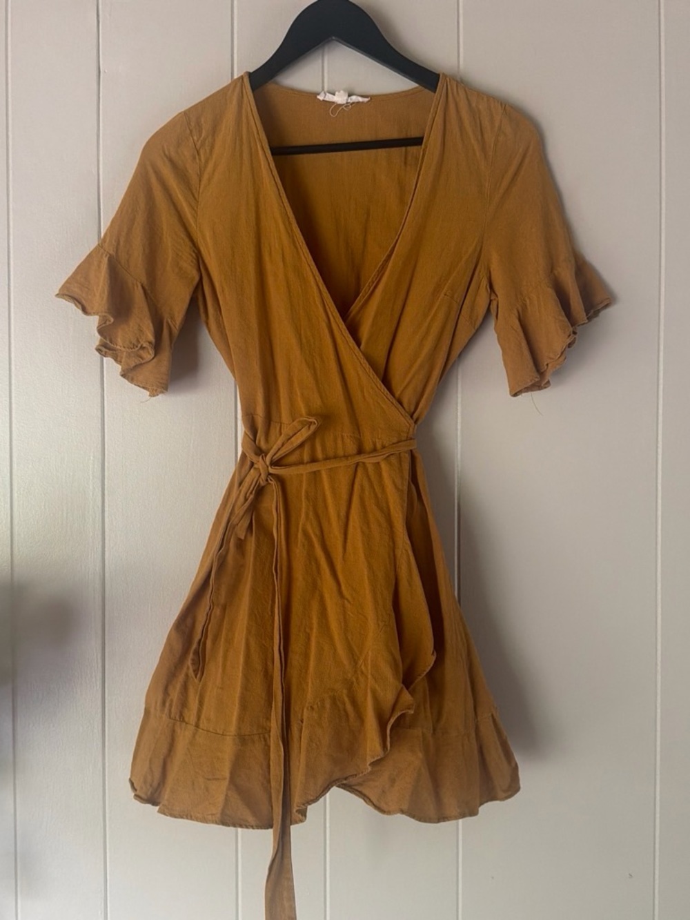 Women’s Mustard Wrap Dress with Ruffle Sleeves